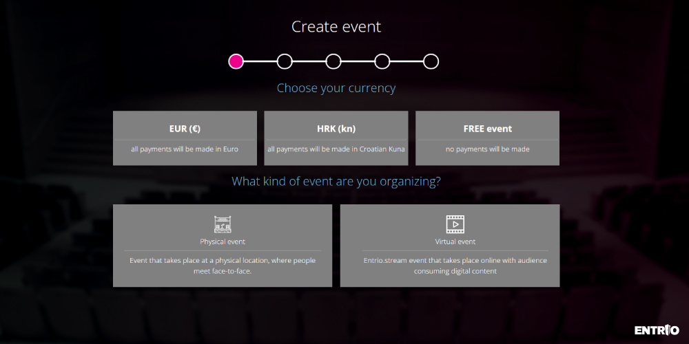 First step of creating an event on Entrio, choosing the currency and event type