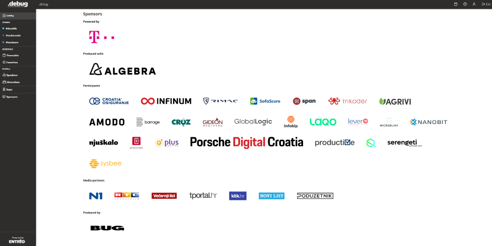 Screen capture of the Entrio virtual platform showing sponsorship opportunities and sponsor section