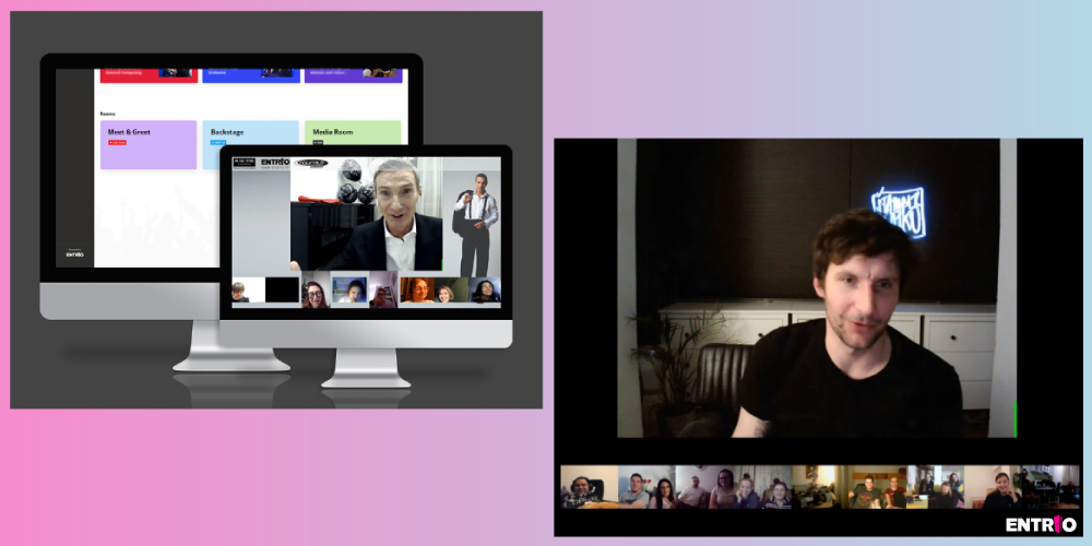 User interactive activities. Live audience at a virtual stand up show and live audience talking to a singer in the backroom after the virtual concert