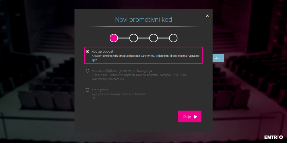 Drugi korak u kreiranju promo kodova na Entriu