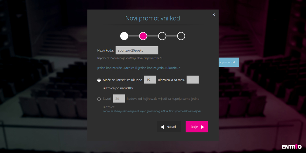 Treći korak u kreiranju promo kodova na Entriu