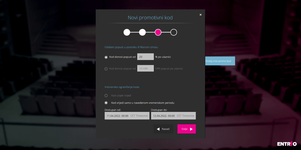 Četvrti korak u kreiranju promo kodova na Entriu