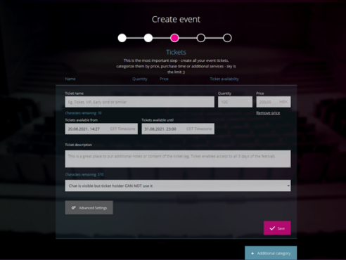 Preview of ticket sales setup in Entrio organizers panel