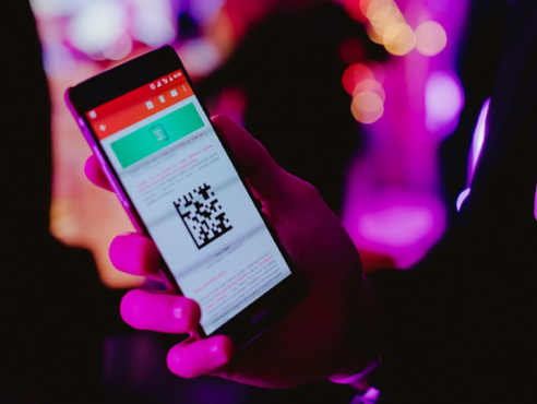 Hand holding Entrio mobile phone with opened ticket scanning app