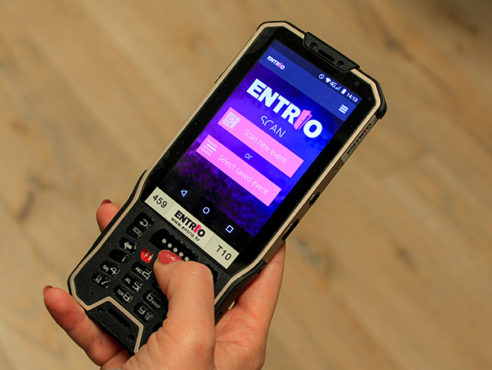 Hand holding Entrio ticket scanner