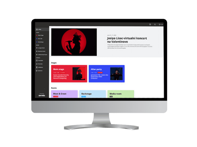 Computer screen with lobby preview for an virtual event on Entrio hybrid events platform
