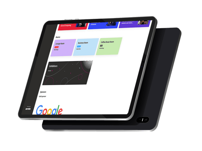 Tablet screen with rooms preview for an virtual event on Entrio hybrid events platform