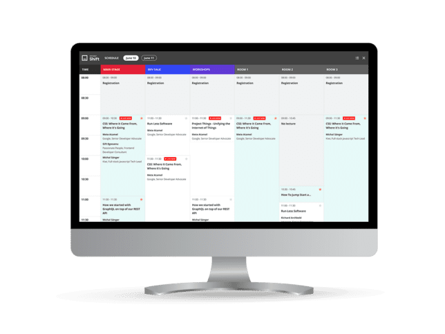 Computer screen with schedule preview for an virtual event on Entrio hybrid events platform