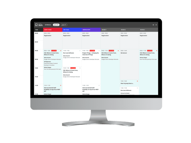 Computer screen with schedule preview for an virtual event on Entrio hybrid events platform