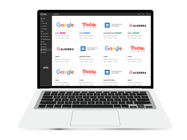 Laptop screen with exhibitor placements preview for an virtual event on Entrio hybrid events platform