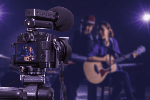 Camera recording an event for live online streaming via Entrio hybrid events platform